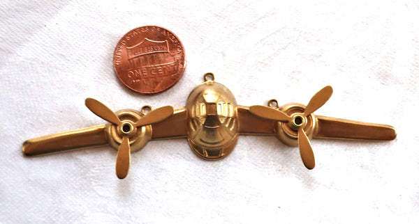 1 large aeroplane, airplane, raw brass stamping, stylized 1950s retro plane, ornament, pendant, component 3.75" x .75" mm, USA made 61101 - Glorious Glass Beads