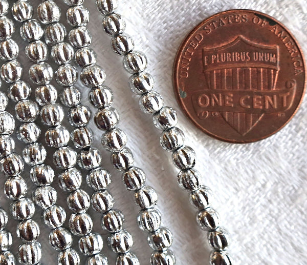 Lot of 100 3mm Czech pressed glass melon beads - Shiny Metallic Silver melon beads, C54101 - Glorious Glass Beads