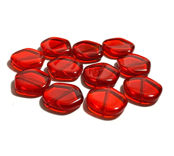 Ten 15mm Czech glass asymmetrical coin or disc beads - transparent Siam red beads - C0055