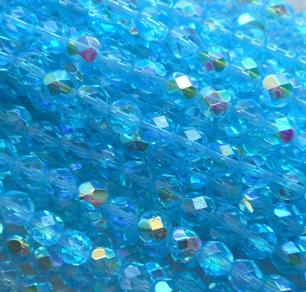 Lot of 25 6mm Aqua, Aquamarine, blue AB Czech glass beads, faceted firepolished round beads C8401