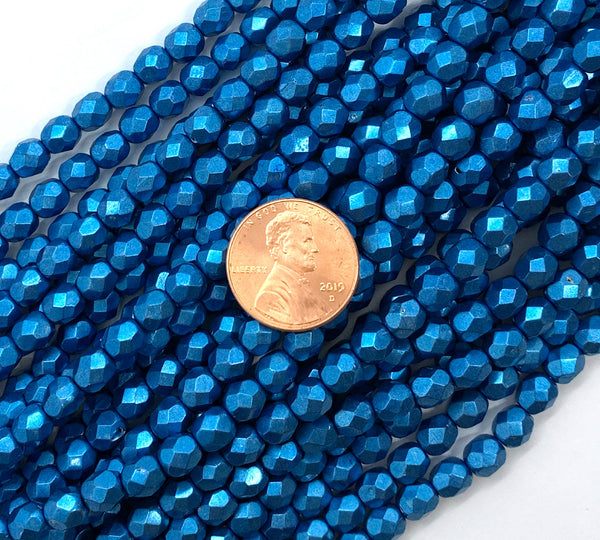 25 faceted round Czech glass beads - 6mm fire polished saturated metallic blue beads - C0045