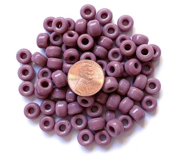 Twenty-five 9mm Czech glass pony, crow, roller beads - opaque purple lilac lavender large hole beads - C0062