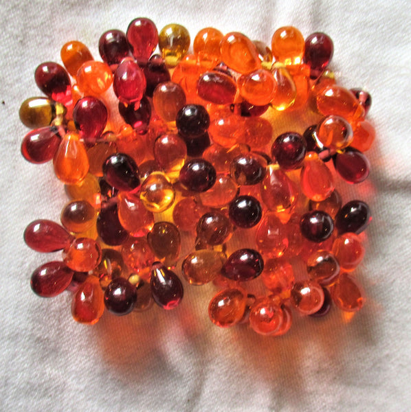 Lot of 25 Czech glass drop beads - transparent mix of red, orange and amber - smooth fire opal like teardrop beads - 9 x 6mm C60101