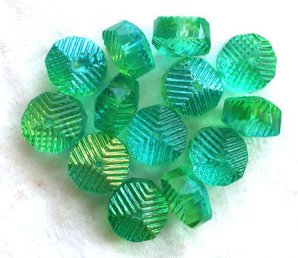 Six Czech glass faceted wavy rondelle beads, large 14 x 6mm aqua blue & lime green AB, chunky rondelles, C18101 - Glorious Glass Beads