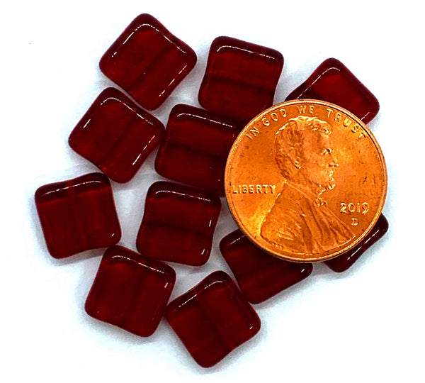 Twenty 9mm square Czech glass beads - light garnet red pressed glass beads C0026