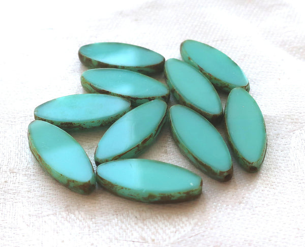 Ten 20 x 9mm, Sea-foam Green oblong, oval, table cut, picasso Czech glass spindle bead, large opaque almond shaped long tube beads C23201 - Glorious Glass Beads