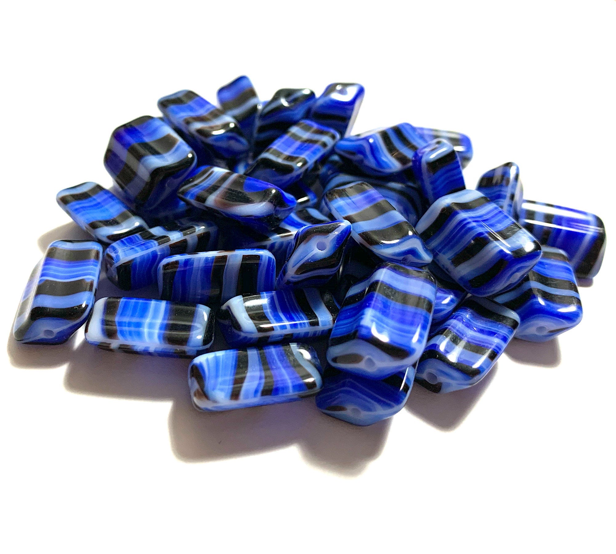 Six Czech glass rectangle beads - 16 x 12mm blue, black, and white striped - 4-sided diamond shaped large, chunky rectangle beads C0005