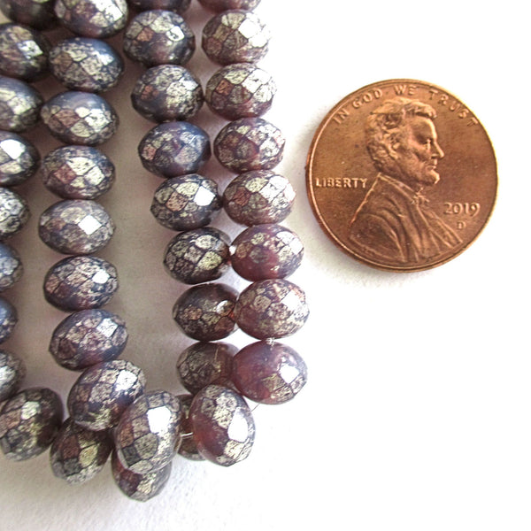 25 Czech glass faceted puffy rondelle beads - 5 x 7mm amethyst purple opal with an antique silver finish rondelles C00031