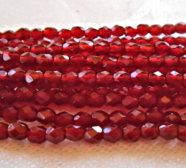 Lot of 50 3mm Ruby Red, light garnet Czech glass beads, firepolished, faceted round beads, C7450 - Glorious Glass Beads