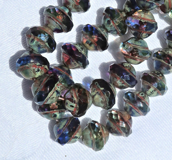 Ten Czech glass saturn / saucer beads - 11 x 10mm blue, purple / amethyst & green mix with a picasso finish C53101 - Glorious Glass Beads