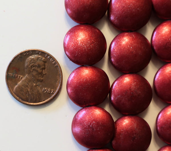Lot of 8 Czech glass coin beads - 14mm puffy pillow beads - Saturated Matallic Aurora Red - C8701 - Glorious Glass Beads