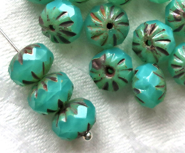 Ten Czech glass cruller beads, 7 x 10mm carved, faceted milky green turquoise picasso rondelles, sale price 08301