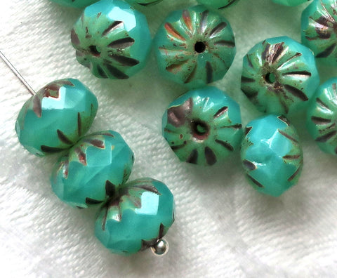Ten Czech glass cruller beads, 7 x 10mm carved, faceted milky green turquoise picasso rondelles, sale price 08301 - Glorious Glass Beads