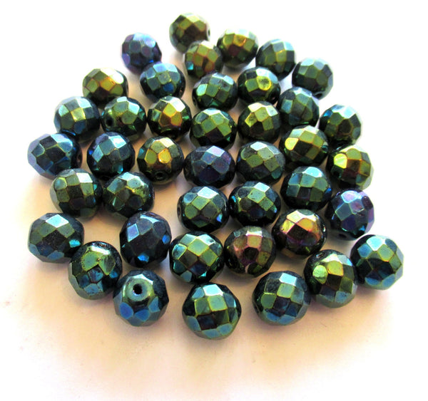 Twenty Czech glass fire polished faceted round beads - 10mm green iris beads C0099