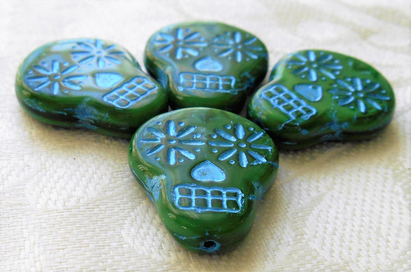Four large green & blue Czech glass skull beads, opaque green glass with turquoise blue wash, focal beads, 20mm x 17mm C02101
