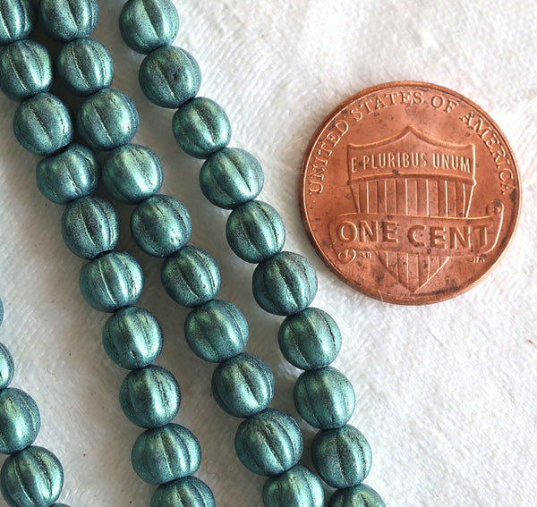 Fifty 5mm Czech glass melon beads, matte metallic light green suede pressed glass beads C9750 - Glorious Glass Beads
