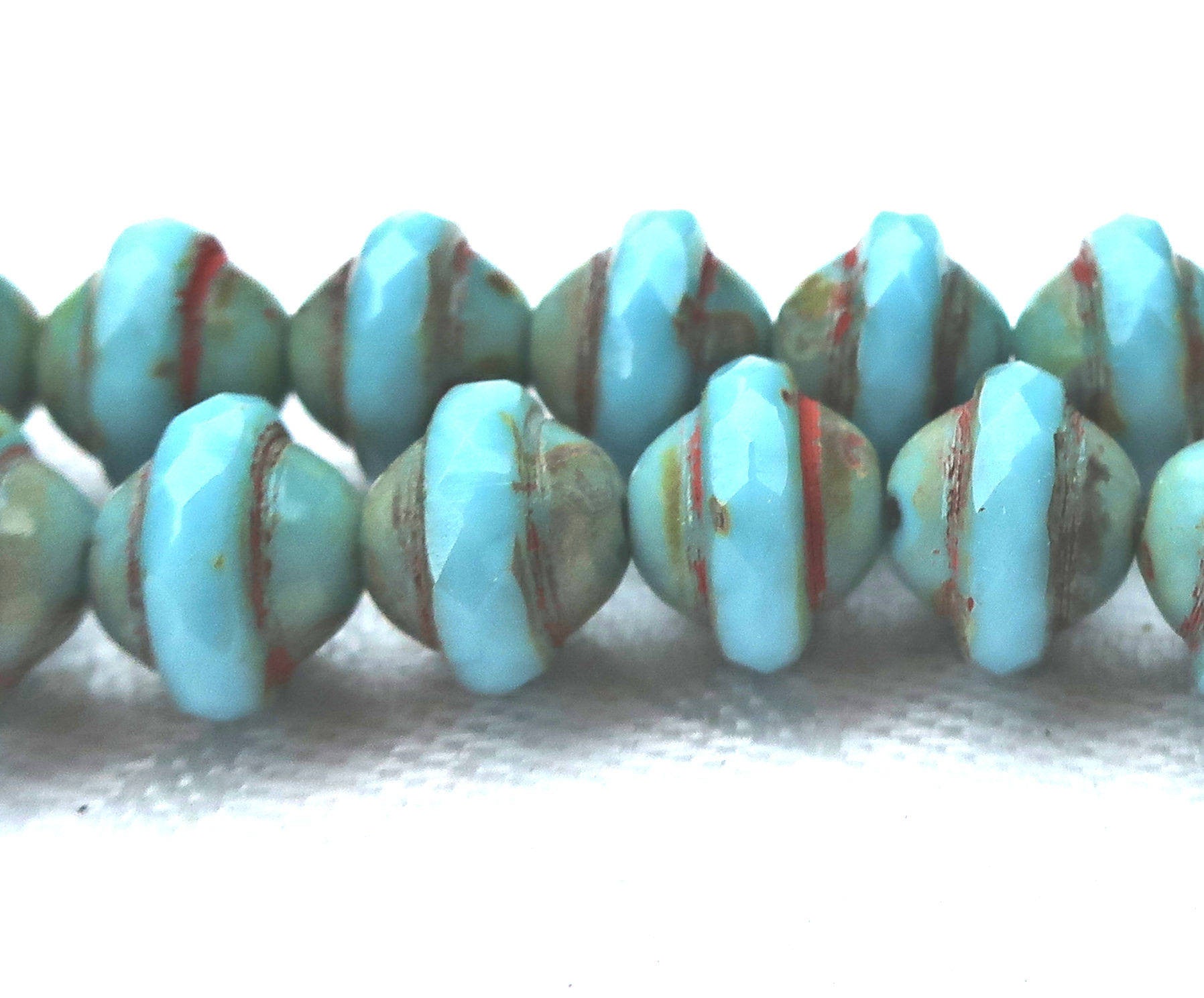 Ten Czech glass saturn beads, 8x10mm opaque robin's egg, sky, powder blue picasso saucer beads, faceted 8 x 10mm beads C04121 - Glorious Glass Beads