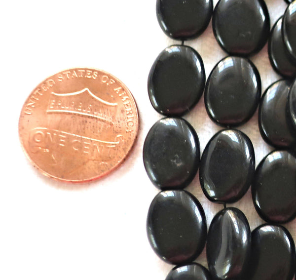 25 Black flat oval Czech Glass beads, 12mm x 9mm pressed glass beads C0425 - Glorious Glass Beads