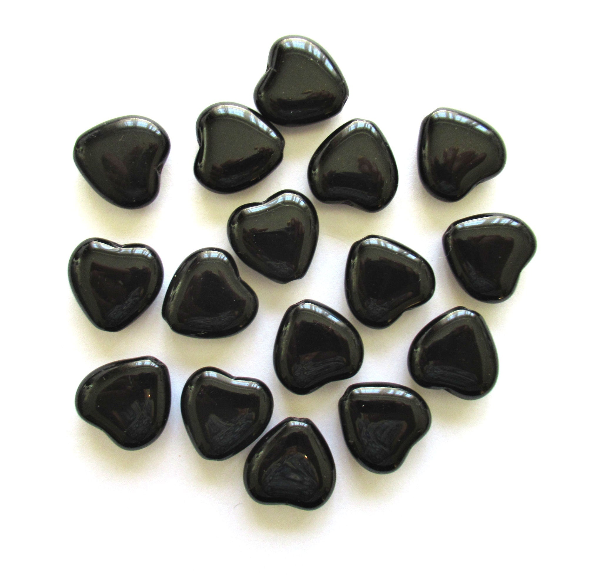 Lot of six large Czech glass heart beads - 16 x 15mm opaque black heart shaped beads C0004