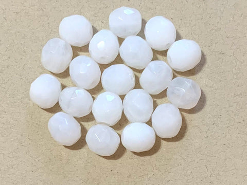 Twenty Czech glass fire polished faceted round beads - 10mm milky white opal beads C0001