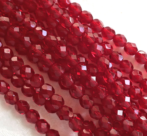 25 6mm Ruby red Czech glass beads, firepolished, faceted round beads, C0625