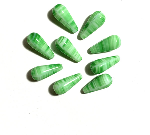 Six large Czech glass teardrop beads - 9 x 20mm green and white striped drop or pear beads - C0017