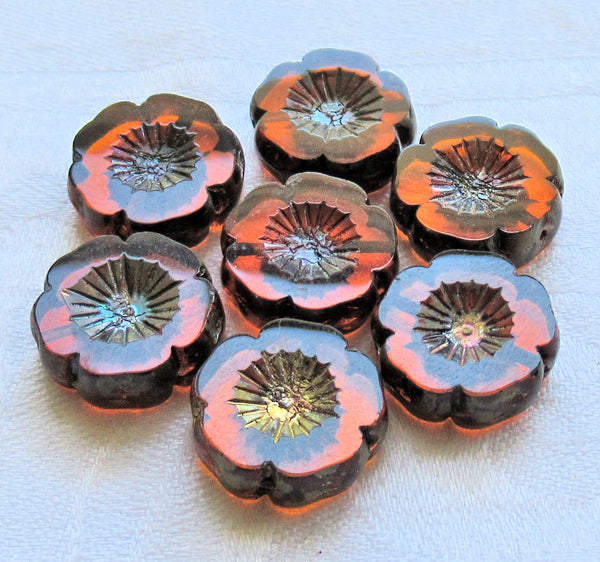Five 16mm Czech glass flower beads - table cut, carved, transparent burnt orange picasso Hawaiian flower beads C76105 - Glorious Glass Beads