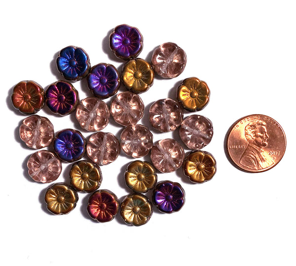 Ten 12mm Czech glass flower beads - pink, purple, orange, and gold AB pressed glass flowers - C0111