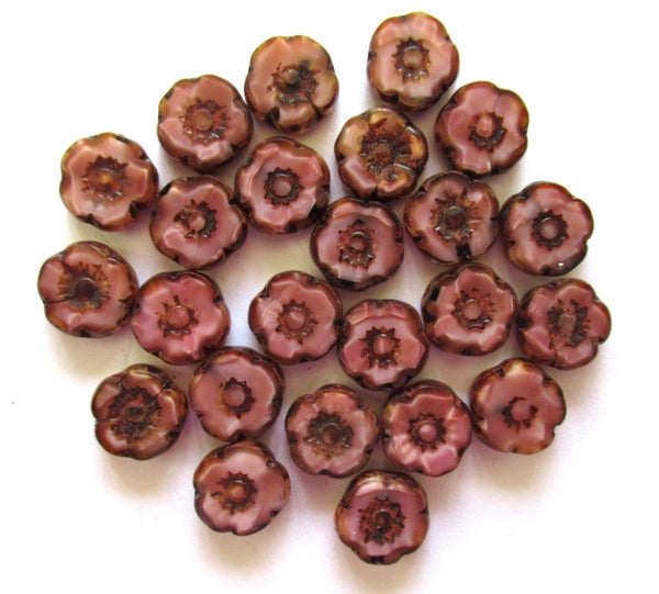 Ten 10mm Czech glass flower beads - rustic table cut, carved, marbled dark dusty rose pink w/ picasso accents - Hawaiian flower beads C10101