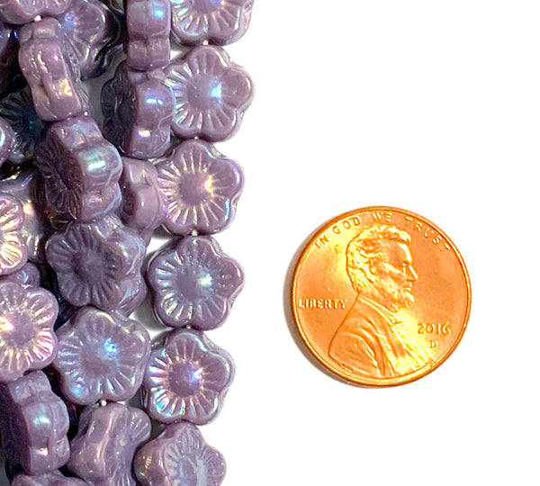 Lot of 25 10mm Czech glass flower beads - pressed glass luster iris opaque amethyst purple flower beads - C0036