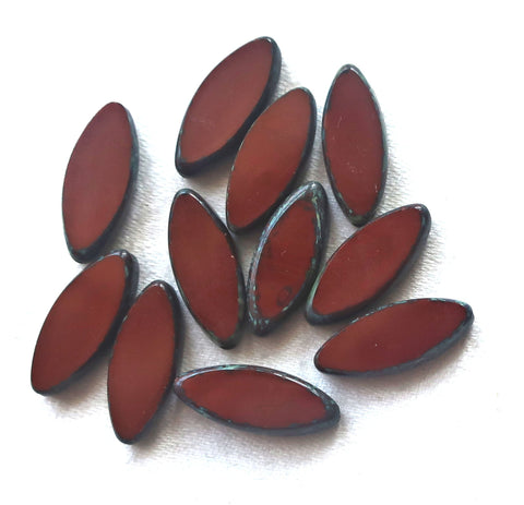 Ten 18 x 7mm opaque dark brown / red burgundy table cut, picasso Czech glass spindle beads, almond shaped rustic earthy tube beads C82101 - Glorious Glass Beads