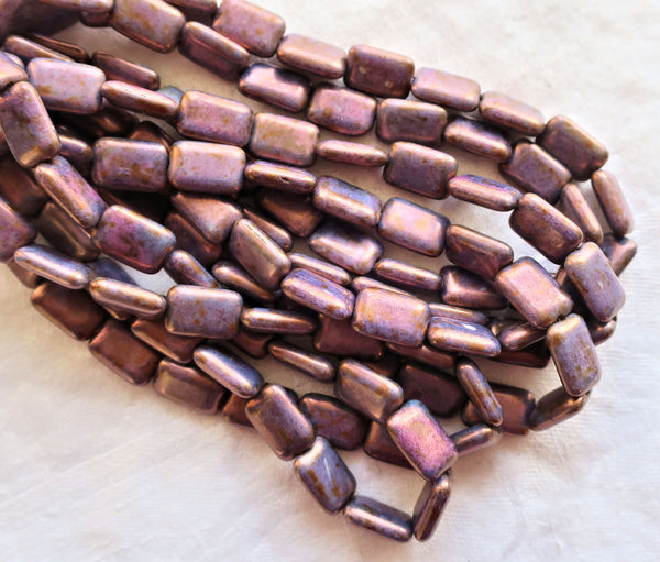 Ten Czech glass rectangular beads - opaque amethyst, purple luster rectangle beads - 12mm x 8mm, C6901 - Glorious Glass Beads