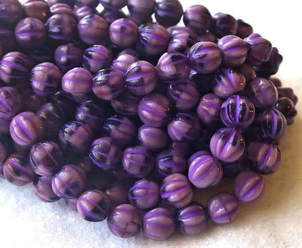 25 Czech glass melon beads, 6mm opaque purple, amethyst pressed glass beads C0901 - Glorious Glass Beads