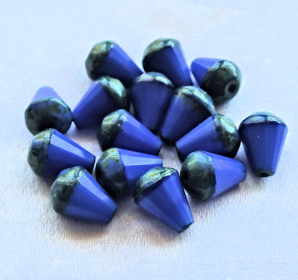Lot of 15 8 x 6mm Czech glass teardrop beads - opaque royal blue silk w/ black accents - special cut, faceted, firepolished beads C05101 - Glorious Glass Beads