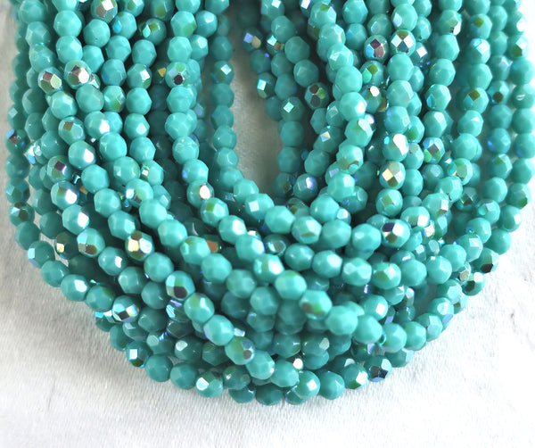 Lot of 50 4mm opaque Turquoise AB Czech glass beads, firepolished, faceted round beads, C9601