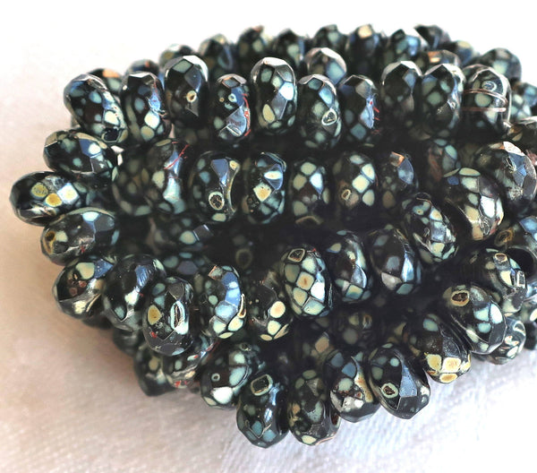 Ten 9mm x 6mm Jet Black Picasso Czech glass beads, faceted round roller, rondelle beads, big 3.5mm hole beads C50110 - Glorious Glass Beads