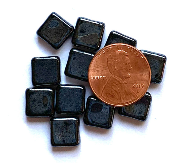 Twenty 9mm square Czech glass beads - hematite gun metal pressed glass beads C0087