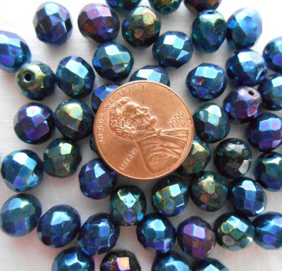 Lot of 25 8mm Blue Iris, faceted, round, firepolished glass beads, C2525 - Glorious Glass Beads