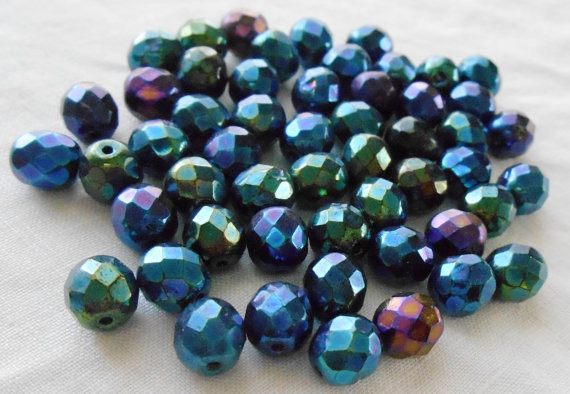 Lot of 25 8mm Blue Iris, faceted, round, firepolished glass beads, C2525 - Glorious Glass Beads
