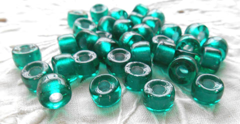 Lot of 25 9mm Czech Teal, Silver Lined glass pony roller beads, large hole crow beads, C3525 - Glorious Glass Beads