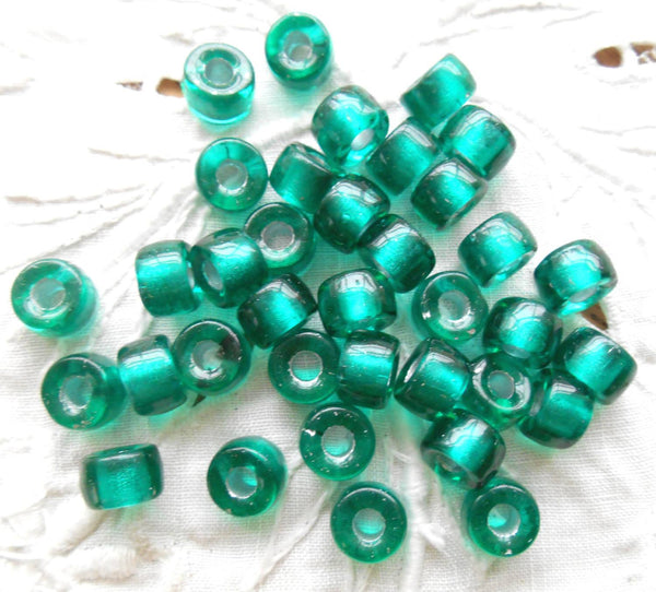 Lot of 25 9mm Czech Teal, Silver Lined glass pony roller beads, large hole crow beads, C3525 - Glorious Glass Beads