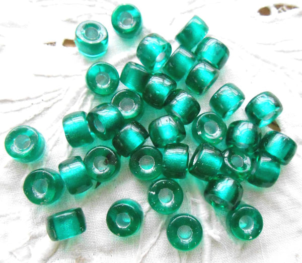Lot of 25 9mm Czech Teal, Silver Lined glass pony roller beads, large hole crow beads, C3525 - Glorious Glass Beads