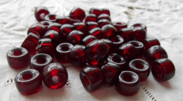 Lot of 25 9mm Czech Garnet, Ruby Red glass pony roller beads, large hole crow beads, C8325 - Glorious Glass Beads