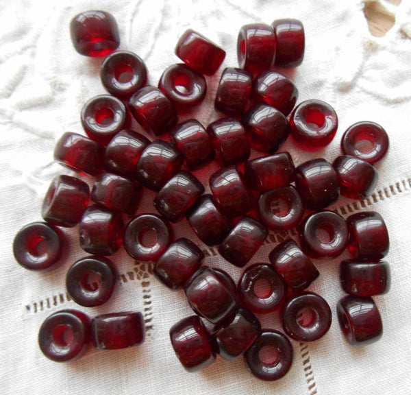 Lot of 25 9mm Czech Garnet, Ruby Red glass pony roller beads, large hole crow beads, C0064