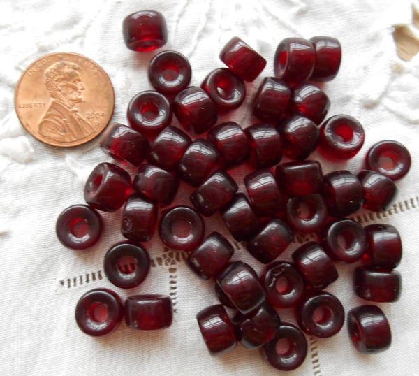 Lot of 25 9mm Czech Garnet, Ruby Red glass pony roller beads, large hole crow beads, C8325 - Glorious Glass Beads