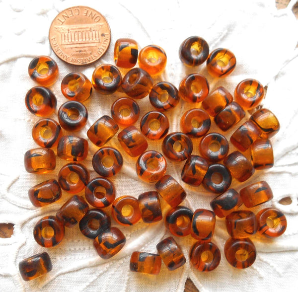 Lot of 25 9mm Czech tortoise shell, glass pony roller beads, large hole crow beads, C3525 - Glorious Glass Beads