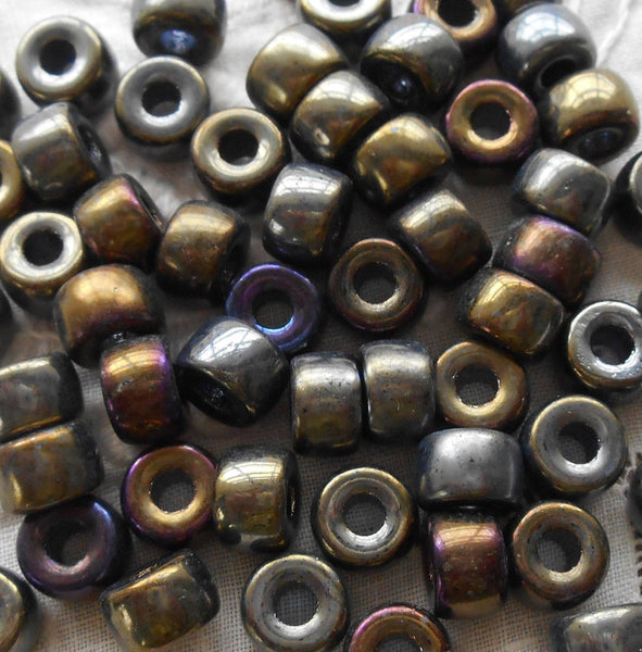 Lot of 25 9mm Czech Brown Iris glass pony roller beads, large hole crow beads, C0087