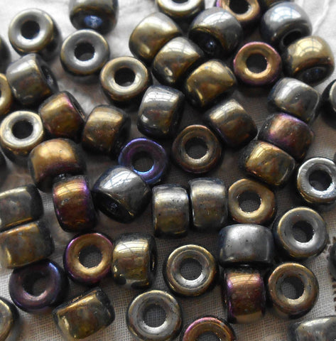Lot of 25 9mm Czech Brown Iris glass pony roller beads, large hole crow beads, C3525 - Glorious Glass Beads