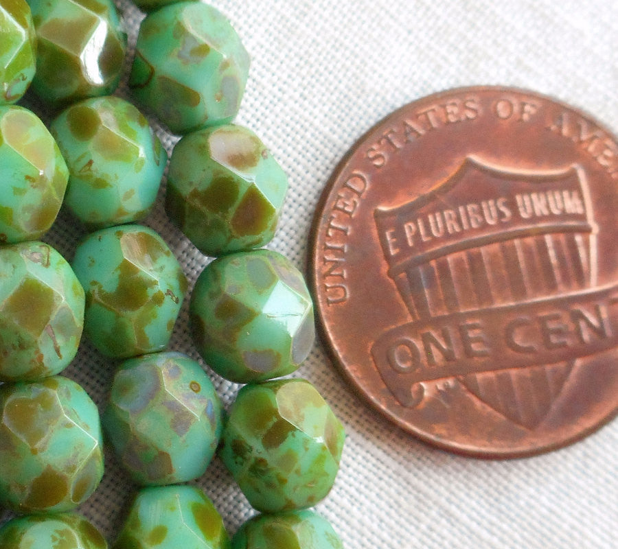 Lot of 25 6mm Picasso Teal Green beads, round Czech glass faceted, firepolished beads C1625 - Glorious Glass Beads