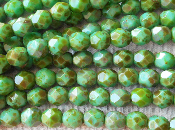 Lot of 25 6mm Picasso Teal Green beads, round Czech glass faceted, firepolished beads C1625 - Glorious Glass Beads